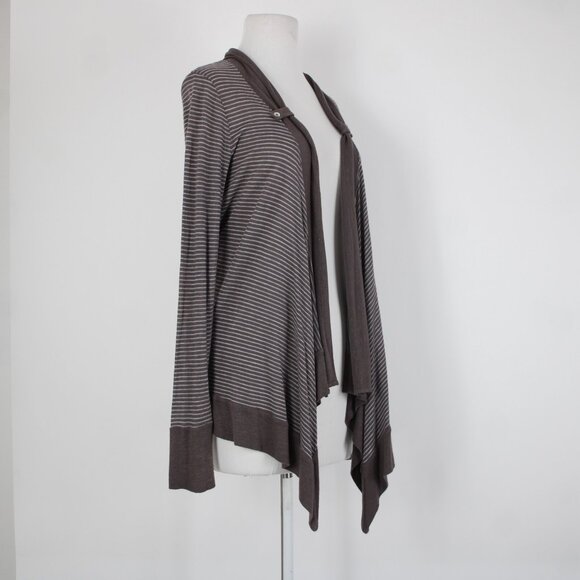 Splendid Sz L Brown Gray Striped Asymmetrical Rayon Linen Poly Wrap Sweater - Picture 5 of 11